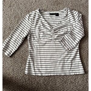 Tahari Shirt Womens White Striped V-Neck Long Sleeve Size Small
